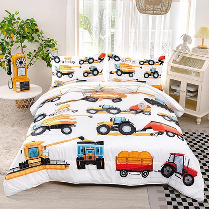 CVHOUSE Tractor Bedding Sets for Boys,Excavators Comforter King,Boys Cartoon Truck Comforter Set,Trucks Tractors Cars Quilt Set with 1 Comforter and 2 Pillow Cases- 3 Piece