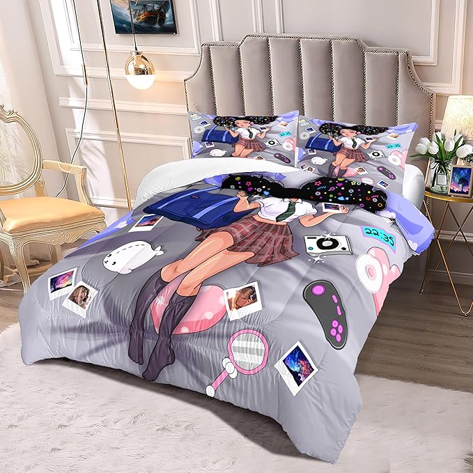 Black Girl Comforter Set Queen Size Bedding Sets for Girls Cute Black Girl Bedding Set African American Girl Soft Microfiber 3 Piece Queen Quilt Sets, 1 Comforter + 2 Pillowcases
