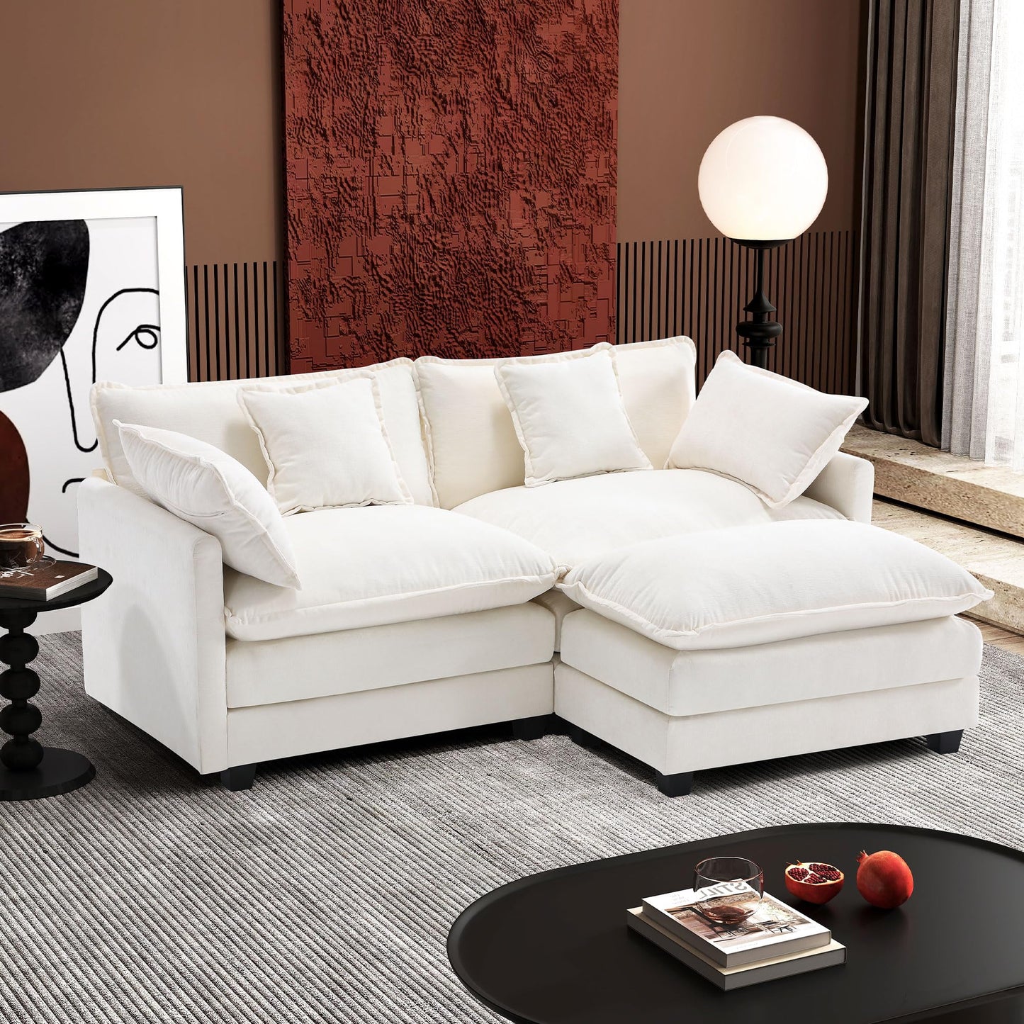 Ihanherry 111.4" L Shaped Modern Sofa Modular Sectional Cloud Couch with Ottoman, 4-Seat Chenille Deep Seat Sofa with Pillow for Living Room, Bedroom and Apartment, Beige