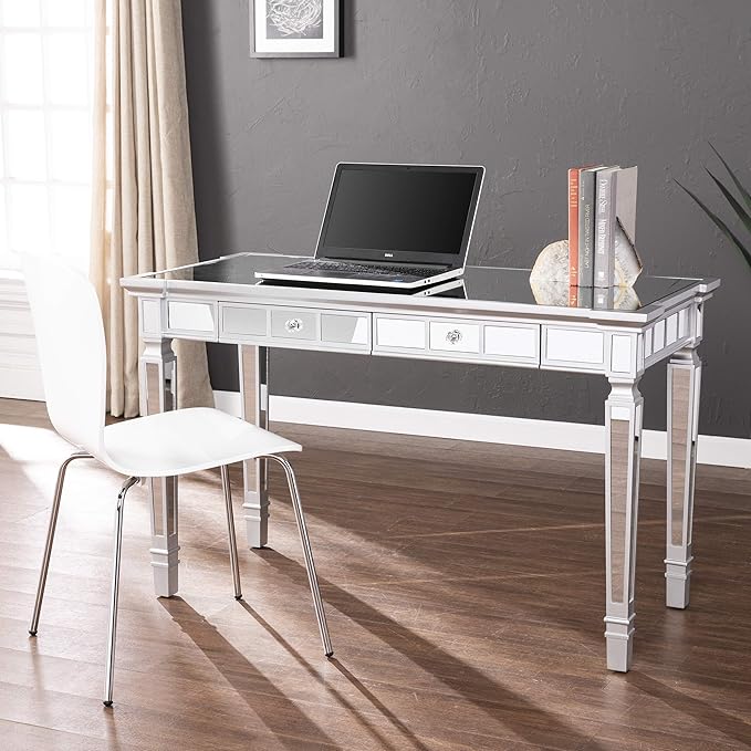 SEI Furniture Glenview Glam Mirrored Writing Desk w/ Drawers, Matte Silver