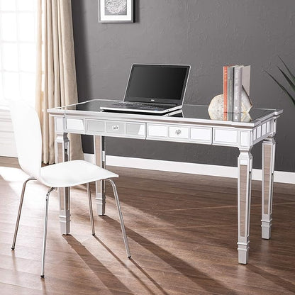 SEI Furniture Glenview Glam Mirrored Writing Desk w/ Drawers, Matte Silver