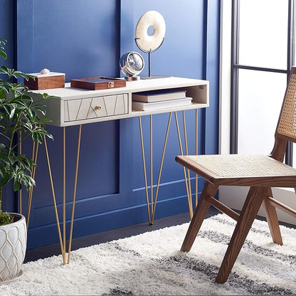 Safavieh Home Office Collection Marigold White Wash and Brass 1-Drawer Hairpin Leg Desk, 0