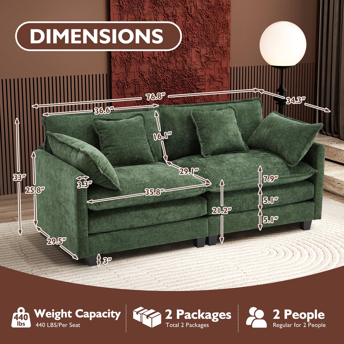 Ihanherry 111.4" L Shaped Modern Sofa Modular Sectional Cloud Couch with Ottoman, 4-Seat Chenille Deep Seat Sofa with Pillow for Living Room, Bedroom and Apartment, Beige
