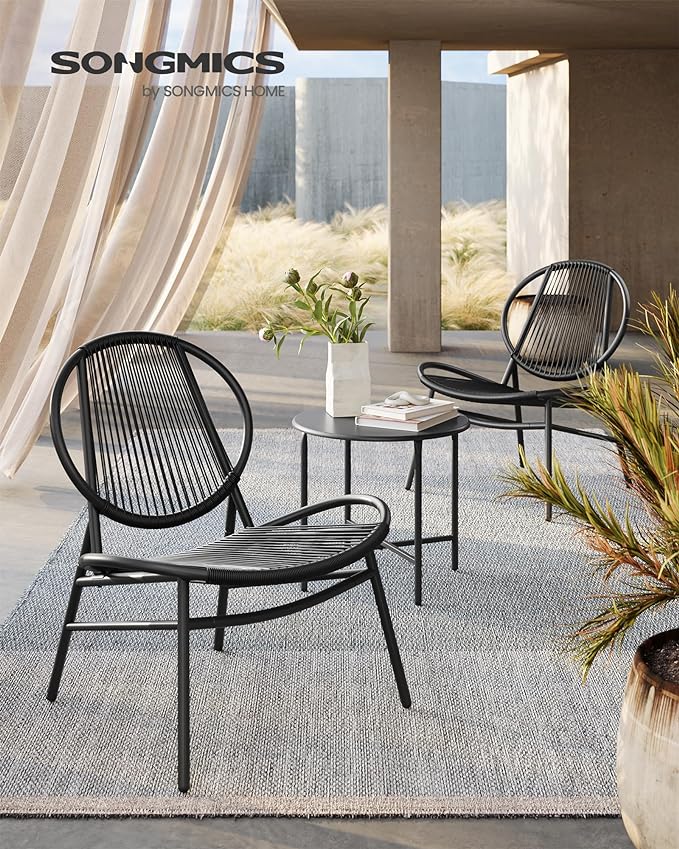 SONGMICS Patio Furniture Set 3 Pieces, Garden Bistro Set, Acapulco Chairs, Outdoor Seating, Side Table and 2 Chairs, Indoor and Outdoor Conversation Set, Balcony Porch, Ink Black UGGF021B01