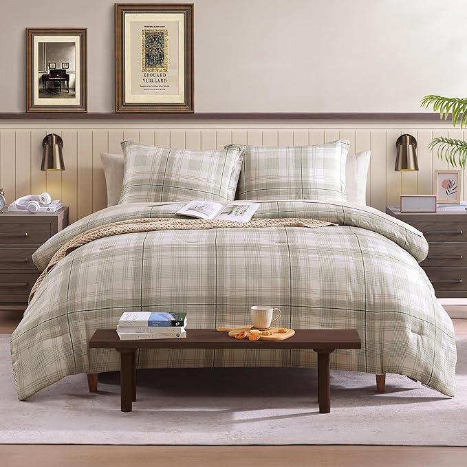 Beige King Size Comforter, Khaki Green Plaid King Comforter Set or Boys & Girls,Classic Homestead-style King Bedding Sets with King Size Bed Sheets and Comforter Sets