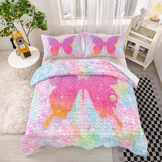 CVHOUSE Butterfly Bedding Set,Butterfly Comforter Queen,Butterfly Comforter Set for Girls Kids Teens,Butterflies Quilt Set with 1 Comforter and 2 Pillow Cases- 3 Piece