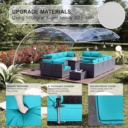 Kullavik 15 Pieces Outdoor Patio Furniture Set with 43" Gas Propane Fire Pit Table PE Wicker Rattan Sectional Sofa Patio Conversation Sets,Blue Cushions