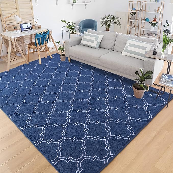 Chicrug Shag Geometric Modern Area Rug for Bedroom, 6x9 Feet Memory Foam Indoor Carpet, Fluffy Rug for Living Room Bedside Room Decor for Family Girls Kids Nursery Play Mat, Navy/White