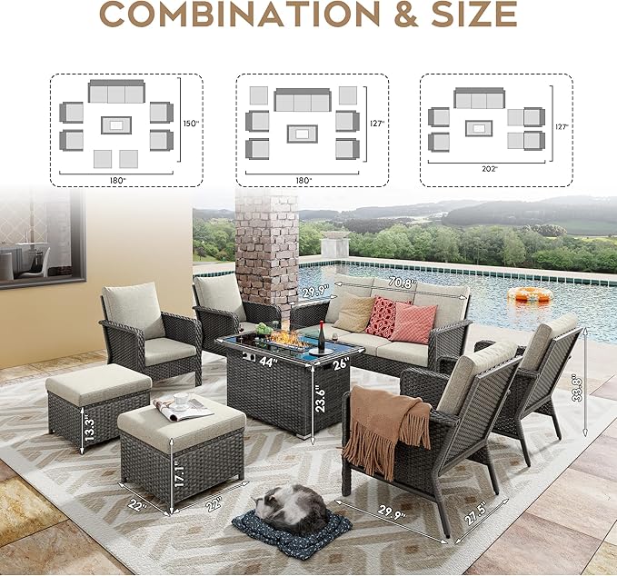 Yechen Patio Conversation Set 9 Seats with 44" Propane Gas Fire Pit Table - 8 Pcs Outdoor Wicker Furniture Set with Lid & Wind Shields - Sectional Sofa Set for Porch,Backyard