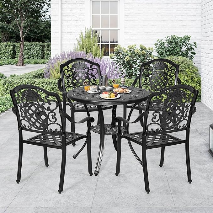 DWVO 5 Piece Outdoor Furniture Cast Aluminum Patio Dining Sets, All-Weather Patio Bistro Sets with 4 Chairs, 30 Inches Round Table with Umbrella Hole, Adjustable Feet for Balcony Backyard Deck Garden