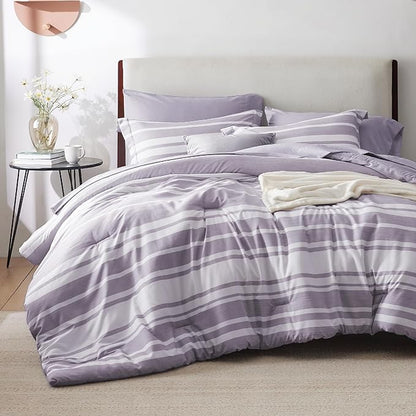 Bedsure Bed in a Bag California King Size 7 Pieces, Purple White Striped Bedding Comforter Sets All Season Bed Set, 2 Pillow Shams, Flat Sheet, Fitted Sheet and 2 Pillowcases