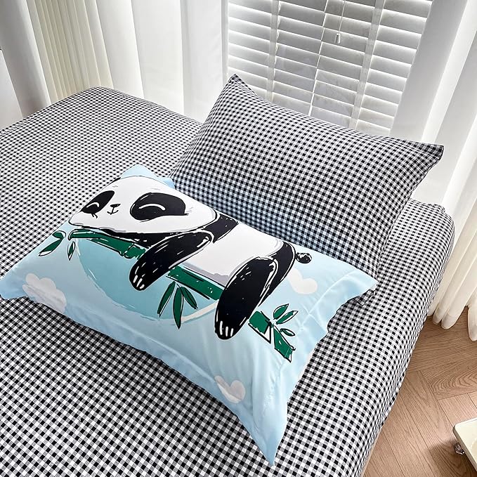 Wajade Kids Panda Comforter Set Bed in A Bag Full Size 7 Piece Blue 3D Cute Panda Bamboo Clouds Bedding Set for Girls Boys (1 Comforter, 1 Flat Sheet, 1 Fitted Sheet, 2 Pillowcase and 2 Pillow Sham)
