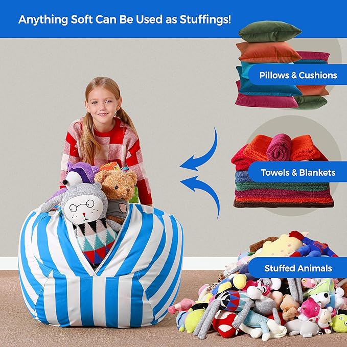 Aubliss Stuffed Animal Bean Bag Storage Chair (Blue/White Striped, Medium (32''))