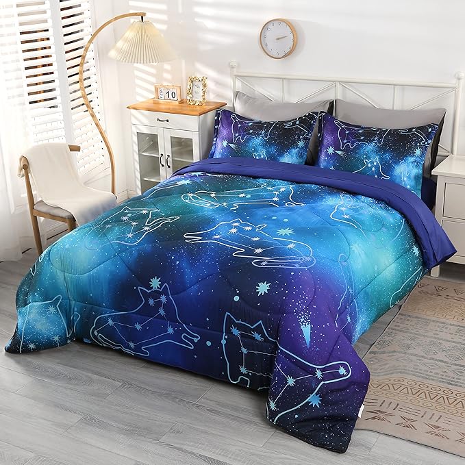 Wowelife Galaxy Bedding Twin Comforter Set for Boys and Girls 5 Pieces Cat Galaxy Comforter Set Outer Space Twin Bedding Set with Sheets Comfortable and Breathable for Kids