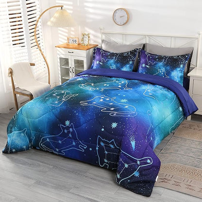 Wowelife Galaxy Bedding Twin Comforter Set for Boys and Girls 5 Pieces Cat Galaxy Comforter Set Outer Space Twin Bedding Set with Sheets Comfortable and Breathable for Kids