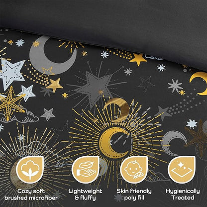 Mi Zone Kids Full Comforter Set, Celestial Metallic Comforter Set Starry Sky, Moon & Sun Comforter, All Seasons Lightweight & Fluffy Comforter Bed Set, 2 Shams, Celia, Full/Queen Charcoal/Gold 4 Piece