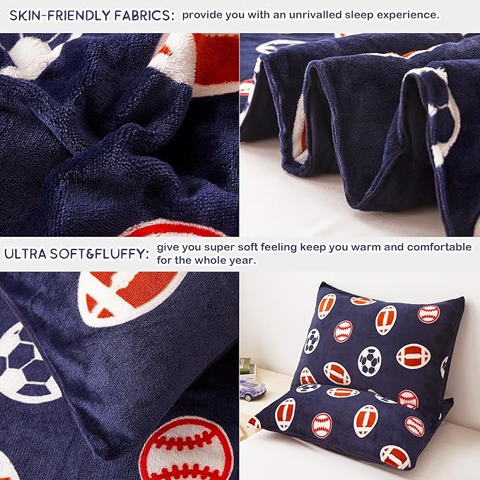 Mooreeke Glow in The Dark Full Plush Fleece Comforter Bed Set, Soft & Warm 3 Piece Bed in A Bag with Sham, Velour Velvet Football Basketball Soccer Rugby Boys Kids Bedding Set, Fluffy Fuzzy Polar Cozy