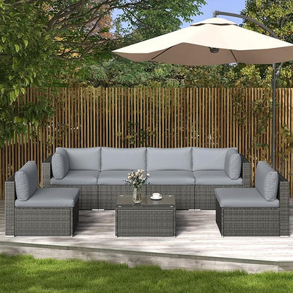 SUNVIVI OUTDOOR 7 Piece Patio Furniture Sets All Weather Gery PE Wicker Couch Sofa with Glass Table, Removable Grey Cushions