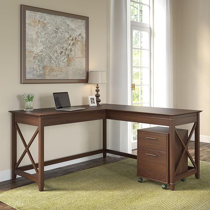 Bush Furniture Key West 60W L Shaped Desk with 2 Drawer Mobile File Cabinet in Bing Cherry