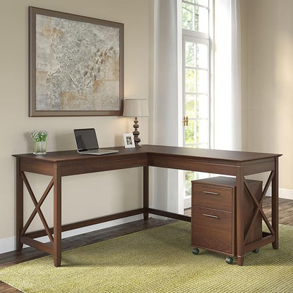 Bush Furniture Key West 60W L Shaped Desk with 2 Drawer Mobile File Cabinet in Bing Cherry