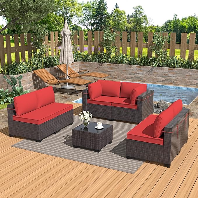 Outdoor Furniture Set 7PCS Patio Furniture for Backyard Wicker Sectional Sofa Set 6 Seats, PE Rattan Outdoor Conversation Set with Thickened Cushions and Glass Coffee Table, Red