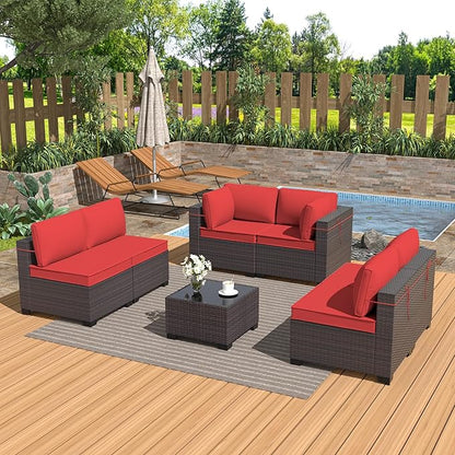 Outdoor Furniture Set 7PCS Patio Furniture for Backyard Wicker Sectional Sofa Set 6 Seats, PE Rattan Outdoor Conversation Set with Thickened Cushions and Glass Coffee Table, Red