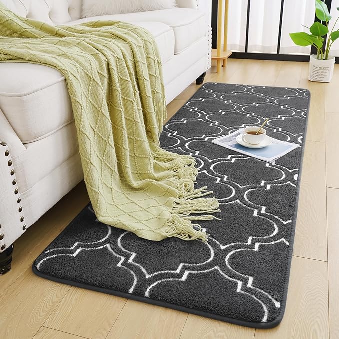 Chicrug Shag Geometric Modern Runner Rug for Bedroom, 2x6 Feet Memory Foam Indoor Hallway Runner Carpet, Fluffy Rug for Living Room Bedside Room Decor for Family, Dark Grey/White