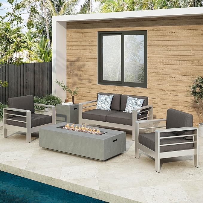 Christopher Knight Home Cape Coral Outdoor Chat Set with Fire Table, 5-Pcs Set, Khaki / Light Grey