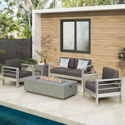 Christopher Knight Home Cape Coral Outdoor Chat Set with Fire Table, 5-Pcs Set, Khaki / Light Grey