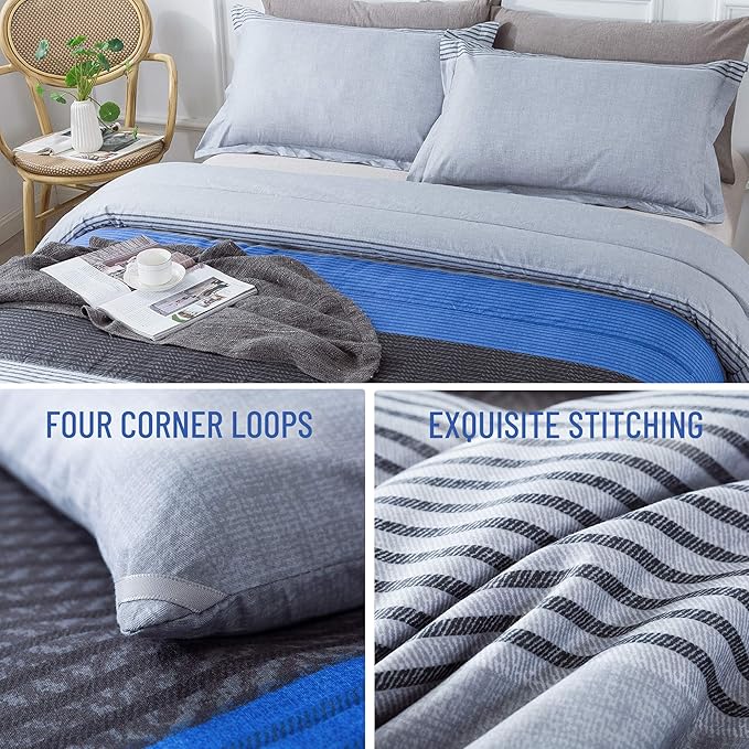Andency Stripe Comforter Set Queen Size (90x90 Inch), 3 Pieces Gray and Blue Patchwork Striped Comforter, Soft Microfiber Down Alternative Comforter Bedding Set with Corner Loops