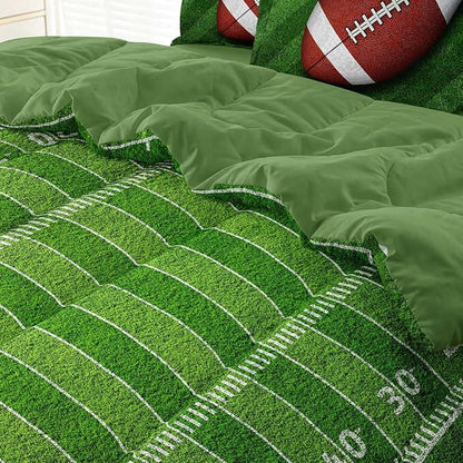 Football Comforter Set Full Size for Teen Boys, Kids Football Field Bedding Green Themed Bedroom Set with Sheets, Full Bed in a Bag Set