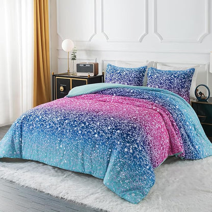 Litanika Galaxy Comforter Queen(90x90lnch), 3 Pieces(1 Blue Glitter Ombre Comforter, 2 Pillowcases), 3D Colorful Rainbow Bedding Set, Microfiber Comforter Set for Kid Boy Girl Teen