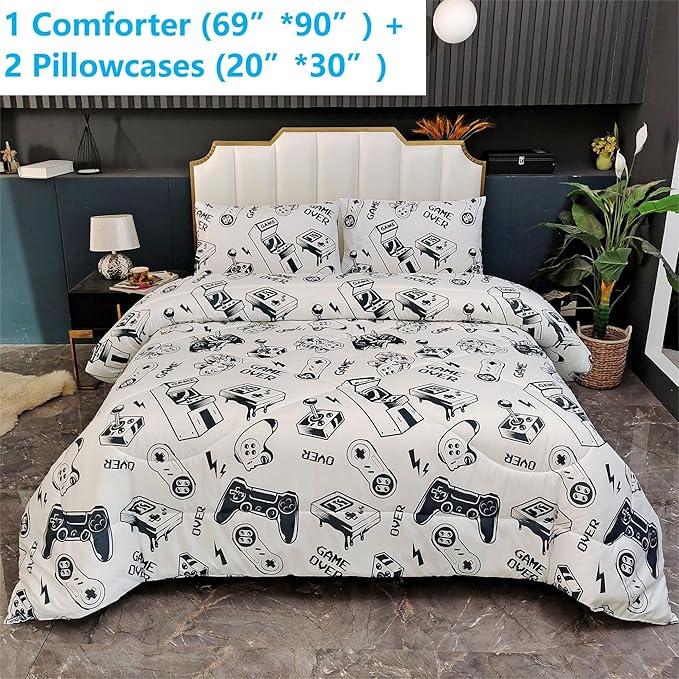 3PCS White Gamer Comforter Set Twin for Boys Girls Teens and Kids, Soft Microfiber Gamer Twin Quilt Bedding Set, Bed in a Bag Lightweight Summer Comforter, Twin