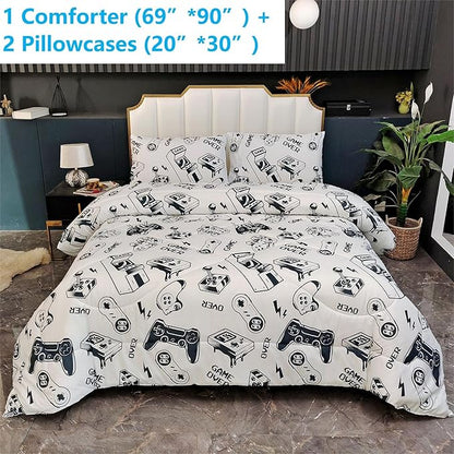 3PCS White Gamer Comforter Set Twin for Boys Girls Teens and Kids, Soft Microfiber Gamer Twin Quilt Bedding Set, Bed in a Bag Lightweight Summer Comforter, Twin