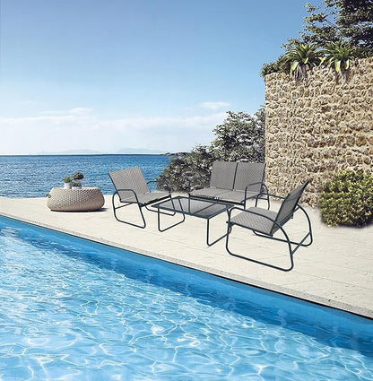 Mapleleaf 4 Pieces Rattan Patio Furniture Set, Outdoor Wicker Conversation Sofa Set, Rattan Chair and Glass Coffee Table for Yard, Pool or Backyard (Grey)