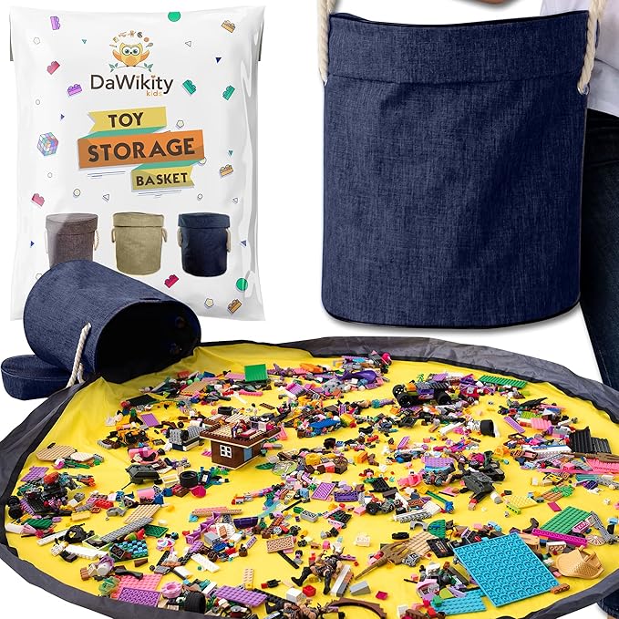 Toy Storage Basket and Play Mat - Building Bricks Toy Storage Organizer - Tidy with Ease - Toy Blocks Mat Storage Bag - Collapsible XL Kids Canvas Bag/Bin - Drawstring Playmat Boy/Girls-15"x14”(NAVY)
