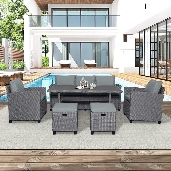 Outdoor Rattan Sectional Sofa with Dining Table, Chairs and Stools for Garden Backyard, 6-Piece Patio Furniture Set All-Weather Wicker Conversation Couch, Onesize, Gray