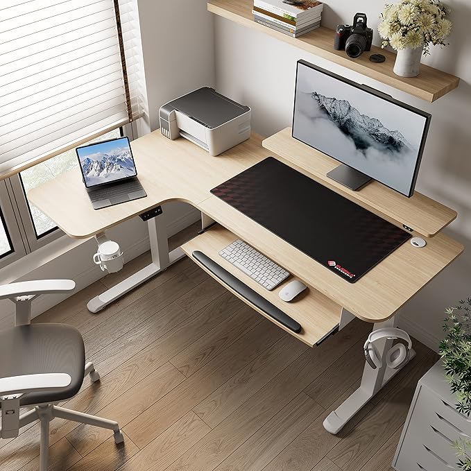 EUREKA ERGONOMIC Standing Desk Adjustable Height 61" Electric Sit Stand Computer Desk L Shaped with Keyboard Tray,Monitor Stand &LED, Dual Motor Memory Presets Sit to Desk Adjustable Desk, Left/Maple