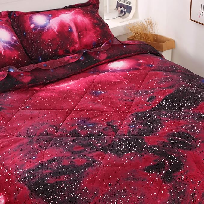Wowelife 5-Piece Twin Comforter Set for Boys Space, Premium Galaxy Bedding Set Red, 3D Galaxy Comforter Set, Comfortable and Soft Kids Bedding Set