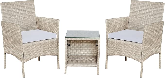 BTEXPERT Outdoor Wicker Conversation 3 Piece Bistro Set Garden Patio Yard Porch Furniture Space Saving Pe Rattan 2 Chairs Cushions Side Storage Glass Table Gray/Cream 3pc, OneSize