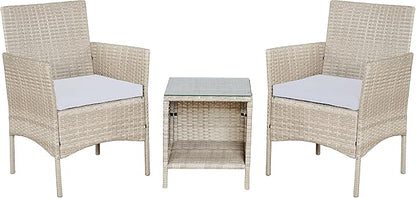 BTEXPERT Outdoor Wicker Conversation 3 Piece Bistro Set Garden Patio Yard Porch Furniture Space Saving Pe Rattan 2 Chairs Cushions Side Storage Glass Table Gray/Cream 3pc, OneSize