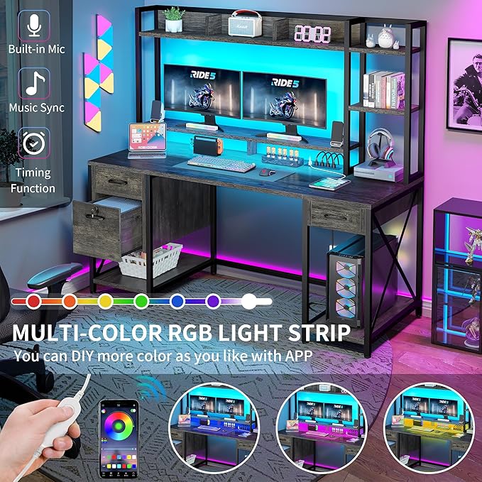 YITAHOME Computer Desk with Drawers & Hutch, 59.1" Office Desk with LED Lights & Power Outlets, Gaming Desk with Monitor Stand & Storage Shelves, Grey
