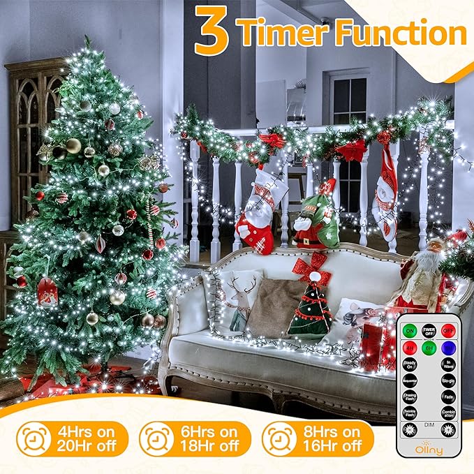 Ollny Cluster Lights for Christmas Tree, 400LED 20ft Cool White Christmas Lights Outdoor 8 Modes Timer Remote, Waterproof String Lights for Indoor Outside Garland Xmas Decorations