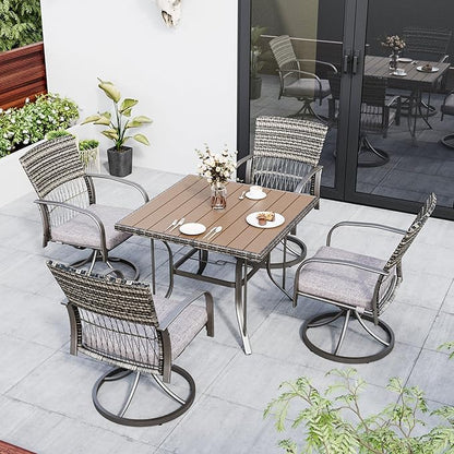 Pamapic 5 Piece Patio Dining Set for 4,Wicker Outdoor Furniture Set for Backyard Garden Deck Poolside with Square Plastic-Wood Table Top,4 Cushions Swivel Rocker Chairs,Removable Cushions(Gray)
