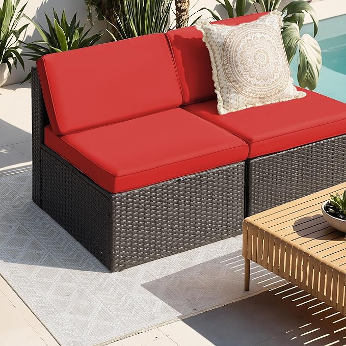Greesum 2 Piece Patio Conversation Set Wicker Rattan Furniture Outdoor Sofa with Cushions,Pillows and Glass Table for Porch,Lawn and Yard, Red