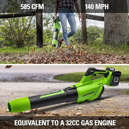 Greenworks 48V (2 x 24V) Cordless Brushless Axial Leaf Blower (140 MPH / 585 CFM / 125+ Compatible Tools), (2) 4.0Ah Batteries and Dual Port Rapid Charger Included