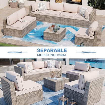 Shintenchi 7 Pieces Outdoor Patio Sectional Sofa Couch,Natural PE Wicker Furniture Conversation Sets with Washable Cushions & Glass Coffee Table for Garden, Poolside, Backyard (Khaki)