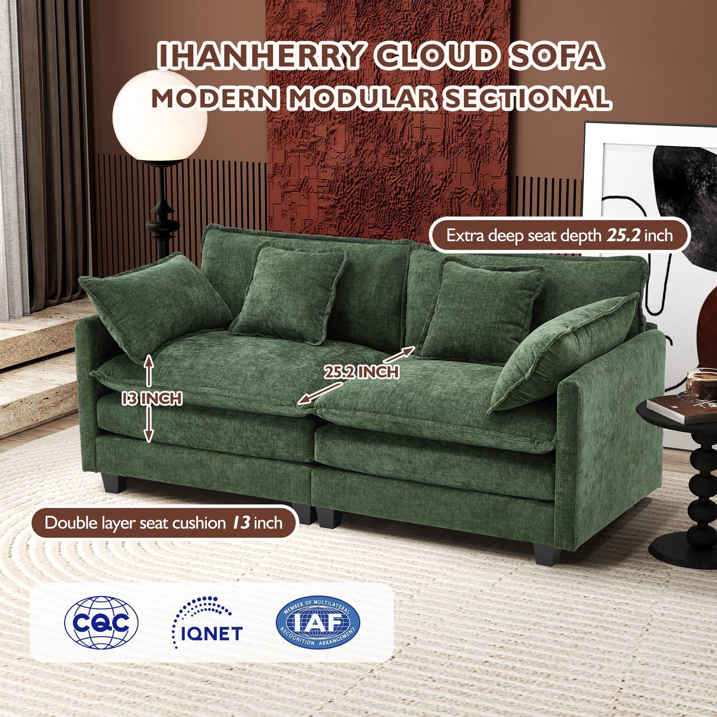 Ihanherry 111.4" L Shaped Modern Sofa Modular Sectional Cloud Couch with Ottoman, 4-Seat Chenille Deep Seat Sofa with Pillow for Living Room, Bedroom and Apartment, Beige