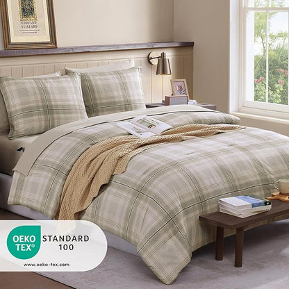Beige Comforter Full Size, Khaki Green Plaid Full Size Comforter Sets for Boys & Girls,Classic Homestead-style Bedding Sets Full with Full Size Bed Sheets and Comforter Set