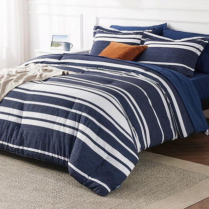 Bedsure Bed in a Bag California King Size 7 Pieces, Navy White Striped Bedding Comforter Sets All Season Bed Set, 2 Pillow Shams, Flat Sheet, Fitted Sheet and 2 Pillowcases